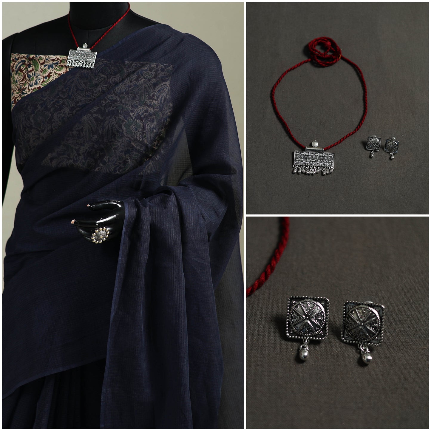 Blue - Nazaakat Kota Doria Cotton Plain Saree with Blouse & Jewellery Set 90