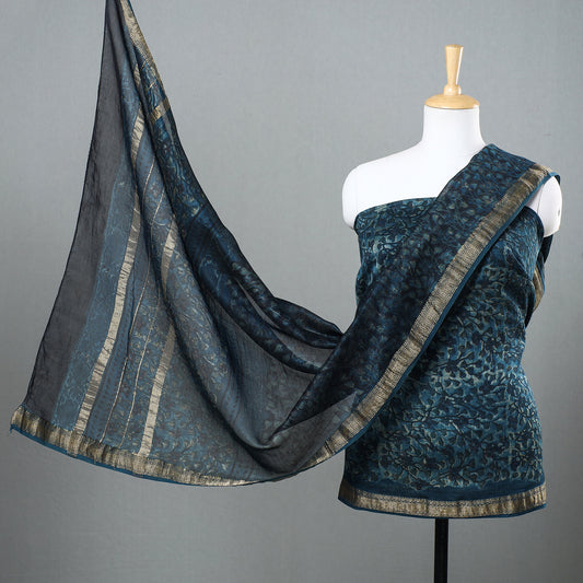 Blue - 2pc Bagru Ajrakh Dabu Block Printed Maheshwari Silk Suit Material Set with Zari Border