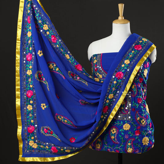 Blue - 3pc Phulkari Embroidery Chapa Work Georgette Suit Material Set 42
