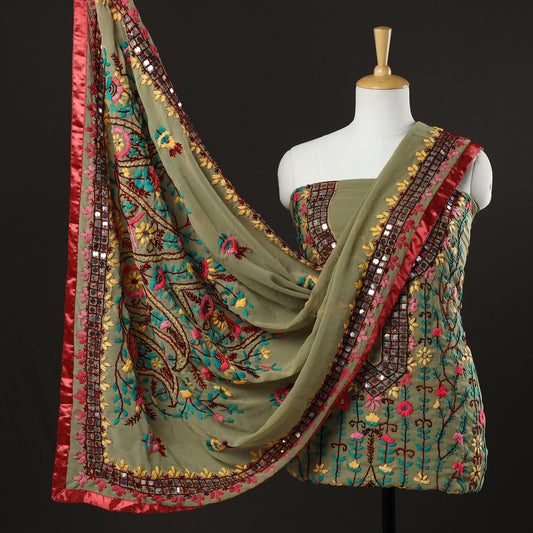 Green - 3pc Phulkari Embroidery Chapa Work Georgette Suit Material Set 61