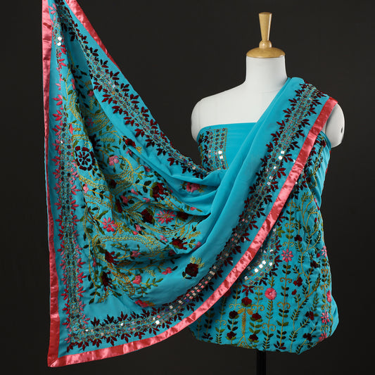 3pc Phulkari Embroidery Chapa Work Georgette Suit Material Set 67