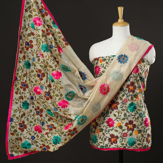 3pc Phulkari Embroidery Chanderi Silk Printed Suit Material Set 75