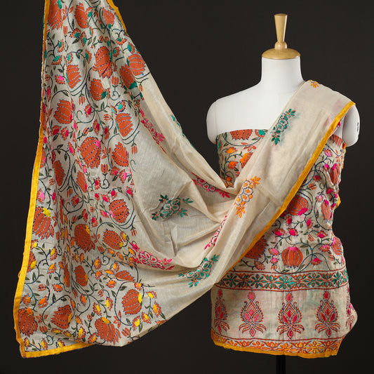 3pc Phulkari Embroidery Chanderi Silk Printed Suit Material Set 77