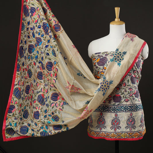 3pc Phulkari Embroidery Chanderi Silk Printed Suit Material Set 79