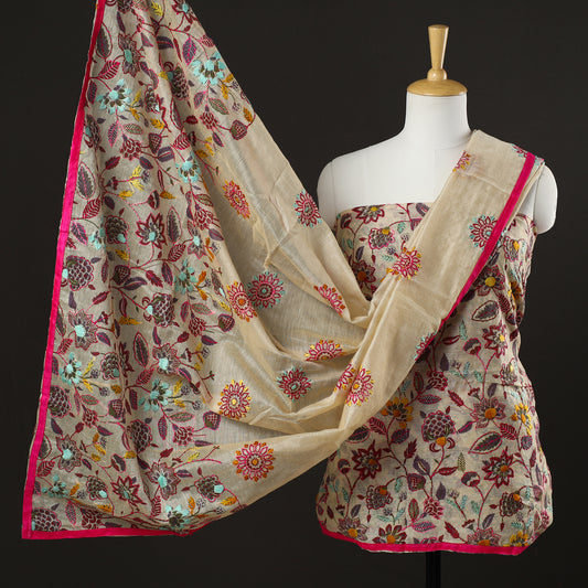 3pc Phulkari Embroidery Chanderi Silk Printed Suit Material Set 85