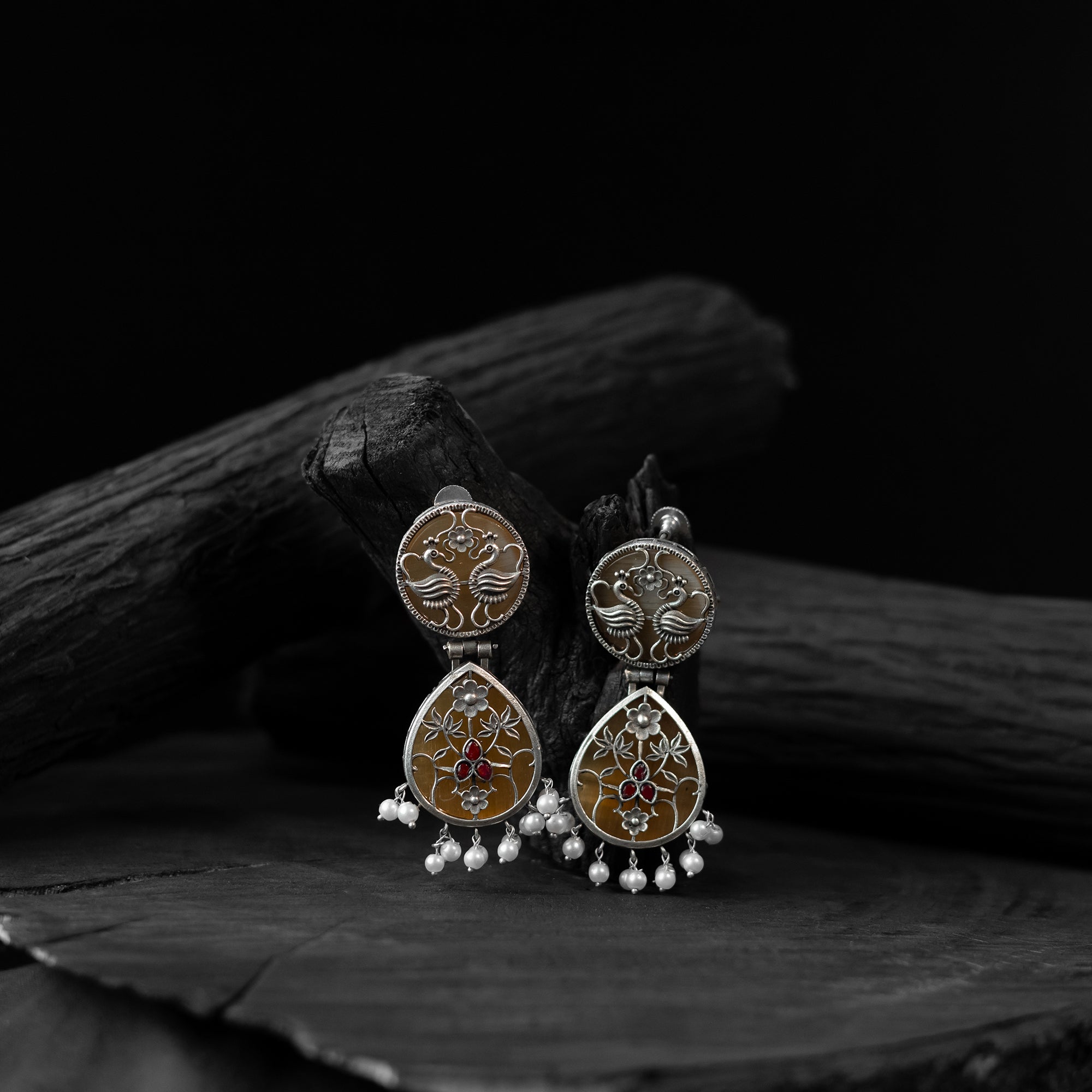 Light Grey - Saanjh Bela Flower & Leaves Oxidised Jhumka Earrings