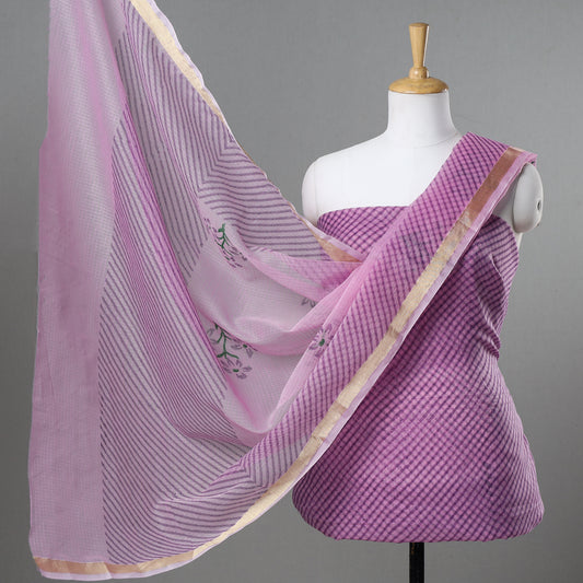Purple - 3pc Leheriya Print Kota Doria Cotton Suit Material Set 18
