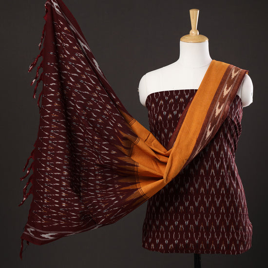 Brown - 3pc Pochampally Ikat Weave Handloom Cotton Suit Material Set 05