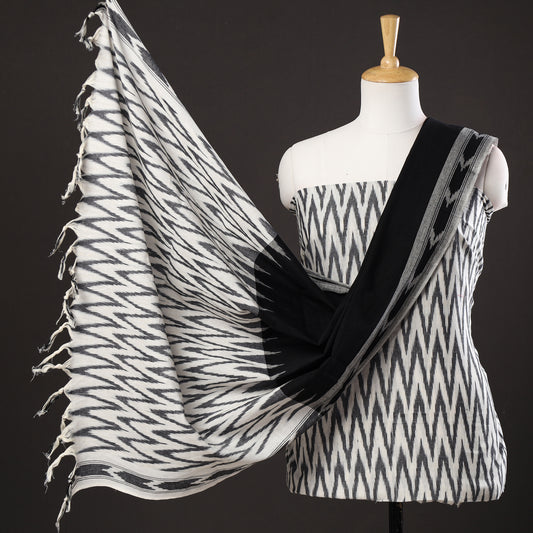 White - 3pc Pochampally Ikat Weave Handloom Cotton Suit Material Set 02
