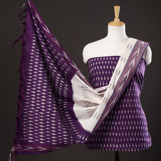 Purple - 3pc Pochampally Ikat Weave Handloom Cotton Suit Material Set 07