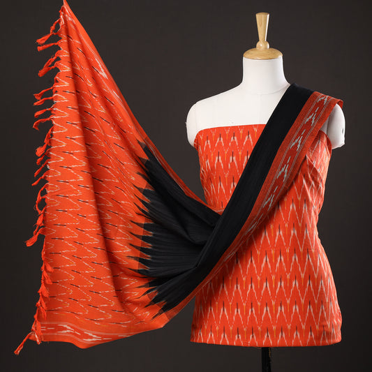 Orange - 3pc Pochampally Ikat Weave Handloom Cotton Suit Material Set 11