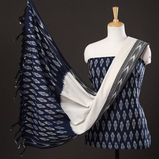 Blue - 3pc Pochampally Ikat Weave Handloom Cotton Suit Material Set 12