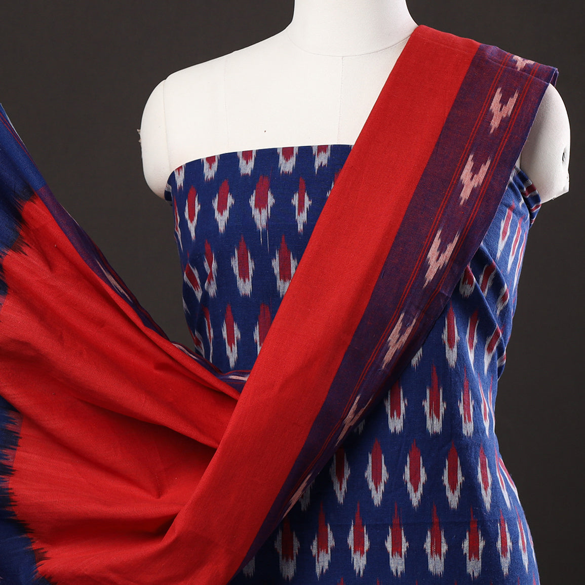 Blue - 3pc Pochampally Ikat Weave Handloom Cotton Suit Material Set 13