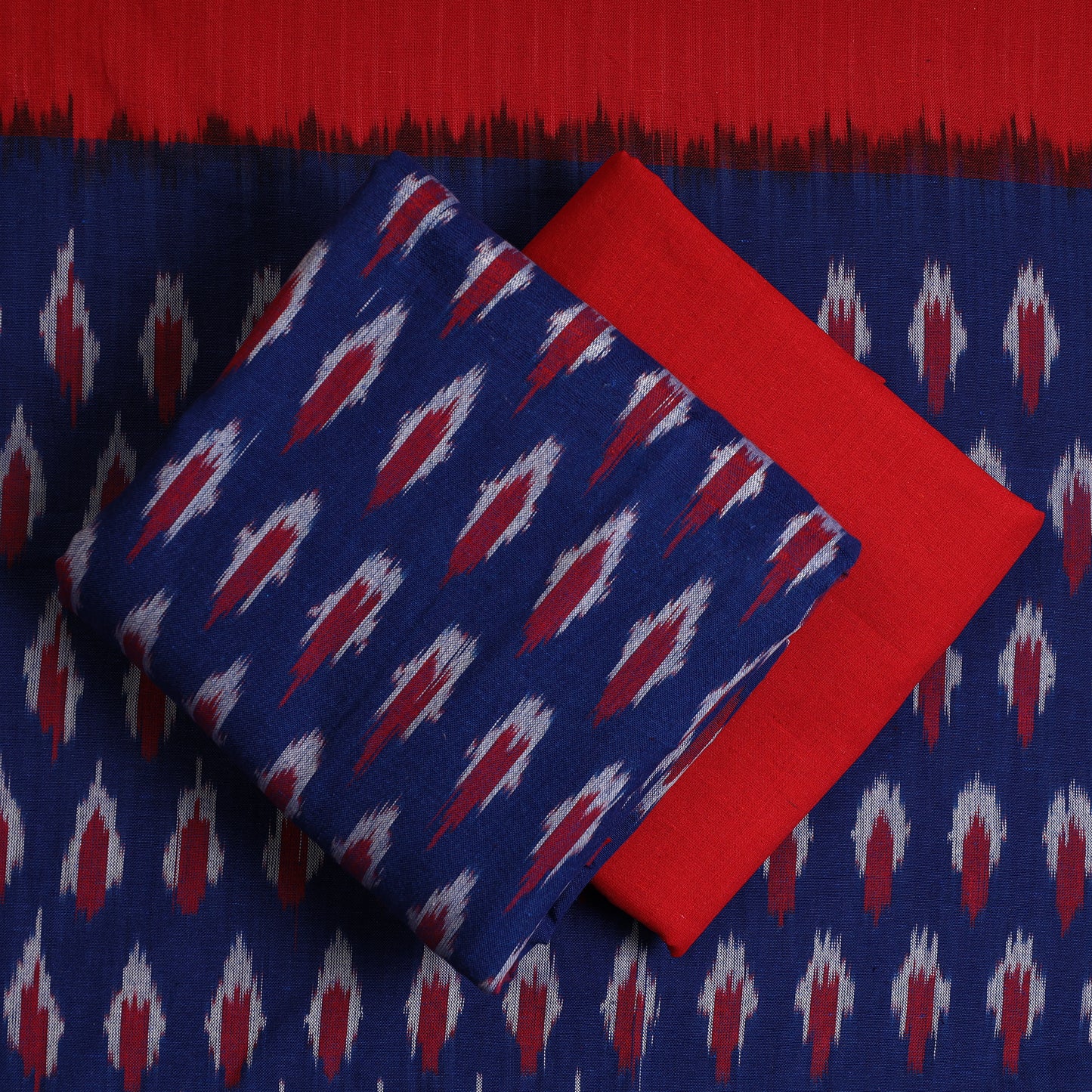 Blue - 3pc Pochampally Ikat Weave Handloom Cotton Suit Material Set 13