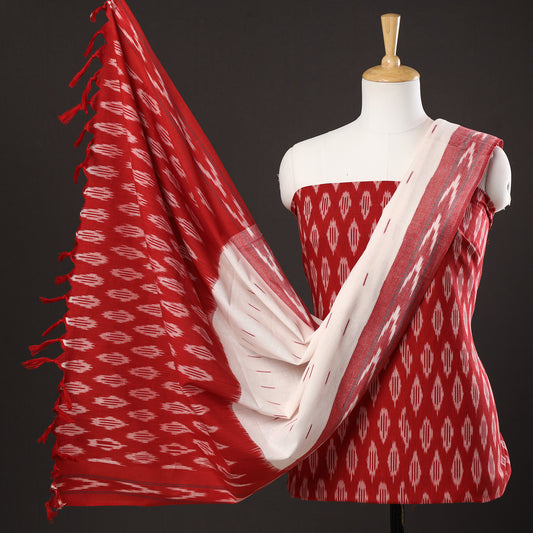Red - 3pc Pochampally Ikat Weave Handloom Cotton Suit Material Set 16