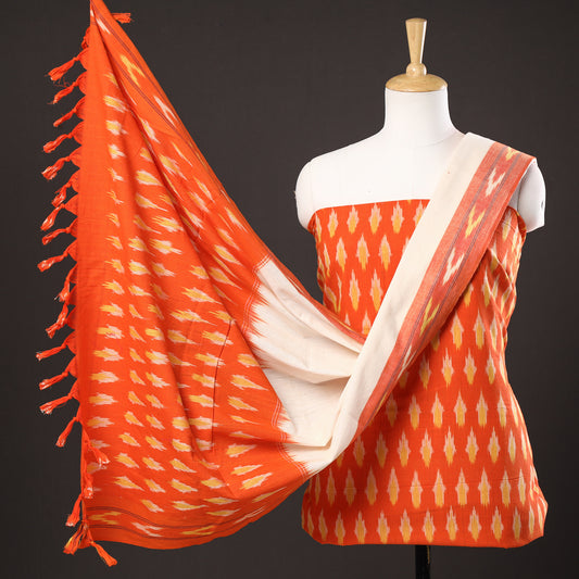 Orange - 3pc Pochampally Ikat Weave Handloom Cotton Suit Material Set 19