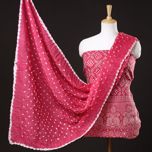 Pink - 3pc Kutch Bandhani Tie-Dye Mirror Work Satin Cotton Suit Material Set 36