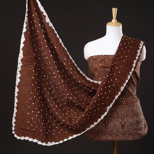 Brown - 3pc Kutch Bandhani Tie-Dye Mirror Work Satin Cotton Suit Material Set 37