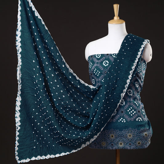 Blue - 3pc Kutch Bandhani Tie-Dye Mirror Work Satin Cotton Suit Material Set 40