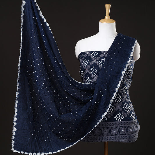 Blue - 3pc Kutch Bandhani Tie-Dye Mirror Work Satin Cotton Suit Material Set 41