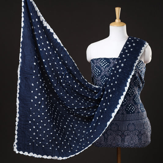 Blue - 3pc Kutch Bandhani Tie-Dye Mirror Work Satin Cotton Suit Material Set 42