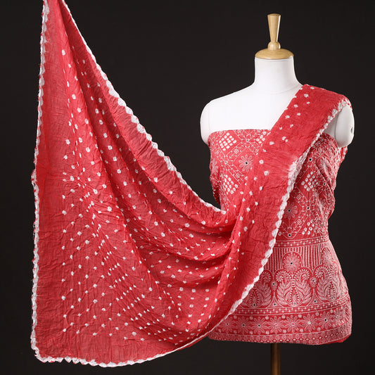 Red - 3pc Kutch Bandhani Tie-Dye Mirror Work Satin Cotton Suit Material Set 44