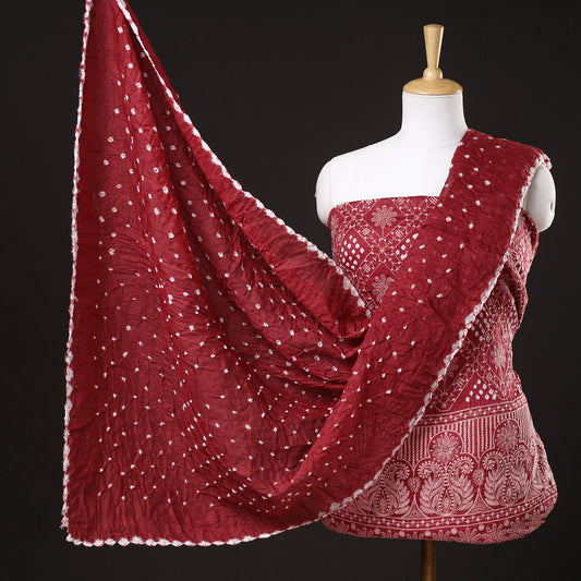 Brown - 3pc Kutch Bandhani Tie-Dye Mirror Work Satin Cotton Suit Material Set 46