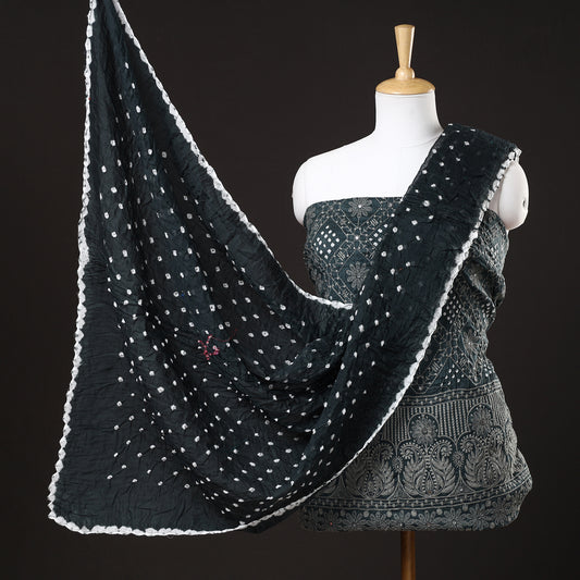 Black - 3pc Kutch Bandhani Tie-Dye Mirror Work Satin Cotton Suit Material Set 49