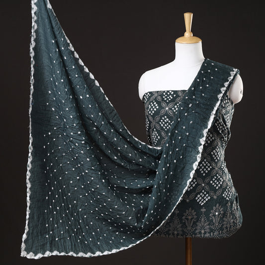Black - 3pc Kutch Bandhani Tie-Dye Mirror Work Satin Cotton Suit Material Set 48