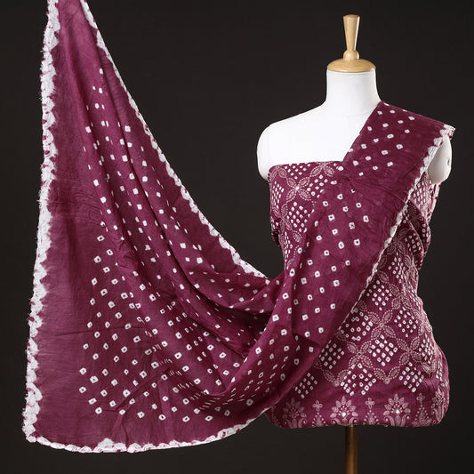 Purple - 3pc Kutch Bandhani Tie-Dye Mirror Work Satin Cotton Suit Material Set 51