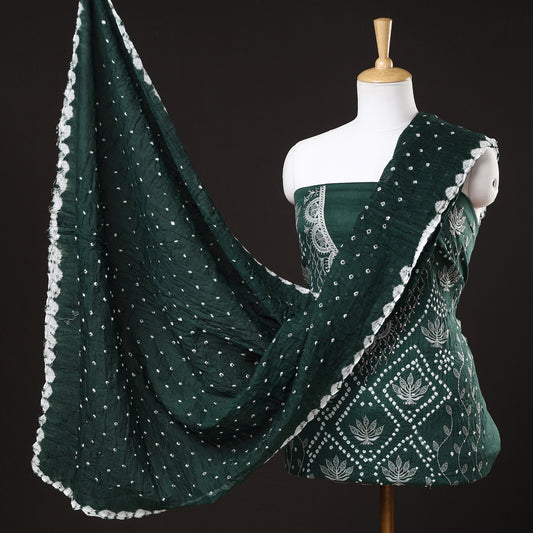 Green - 3pc Kutch Bandhani Tie-Dye Sequin Work Satin Cotton Suit Material Set 56