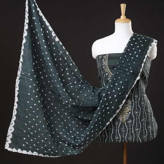 Green - 3pc Kutch Bandhani Tie-Dye Sequin Work Satin Cotton Suit Material Set 57