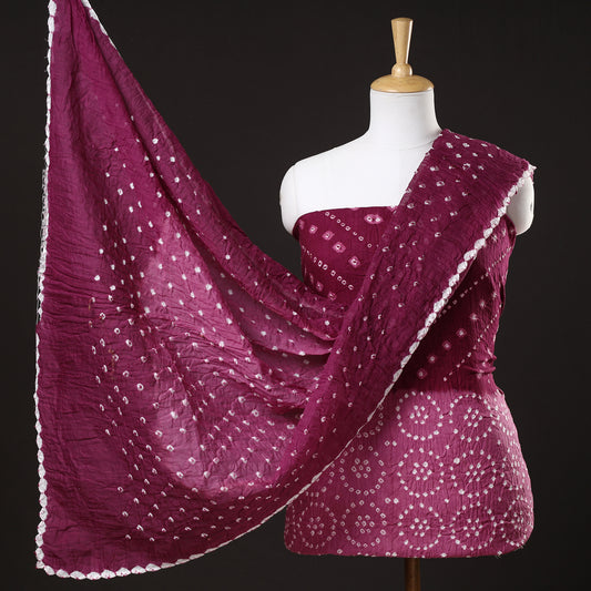 Purple - 3pc Kutch Bandhani Tie-Dye Satin Cotton Suit Material Set 143