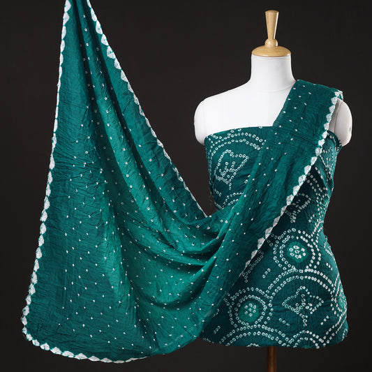 Green - 3pc Kutch Bandhani Tie-Dye Satin Cotton Suit Material Set 144
