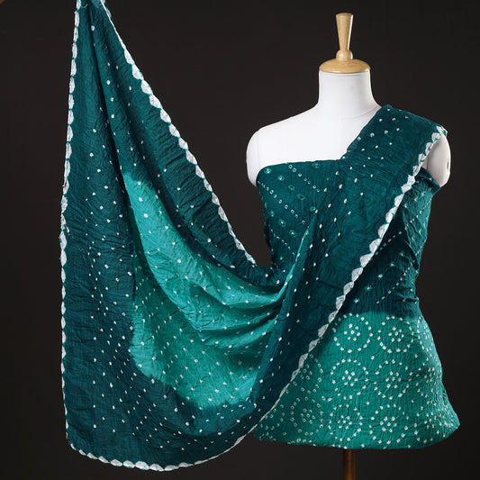 Green - 3pc Kutch Bandhani Tie-Dye Satin Cotton Suit Material Set 145