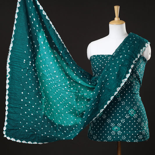 Green - 3pc Kutch Bandhani Tie-Dye Satin Cotton Suit Material Set 147