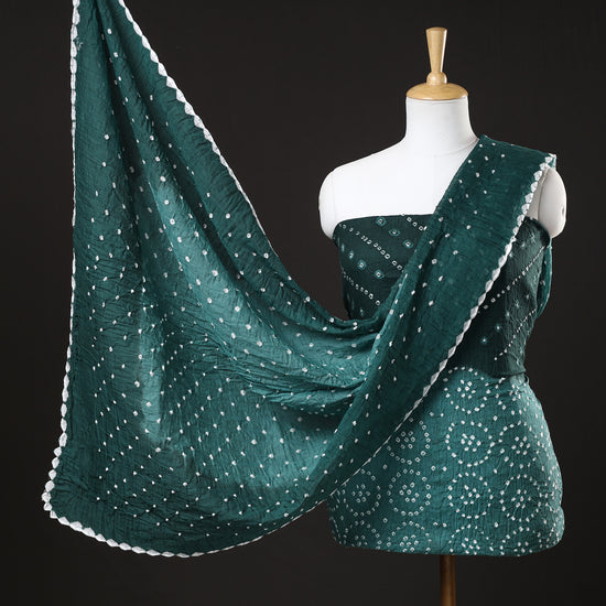 Green - 3pc Kutch Bandhani Tie-Dye Satin Cotton Suit Material Set 150