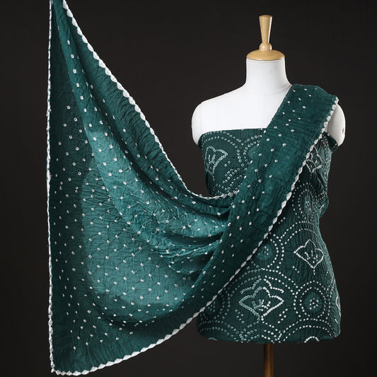 Green - 3pc Kutch Bandhani Tie-Dye Satin Cotton Suit Material Set 151