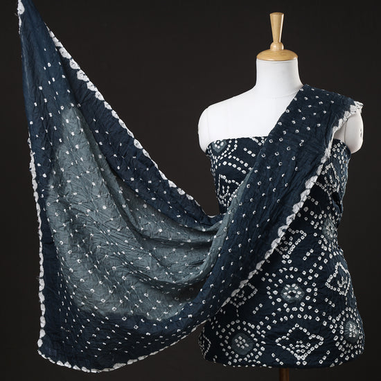 Blue - 3pc Kutch Bandhani Tie-Dye Satin Cotton Suit Material Set 152