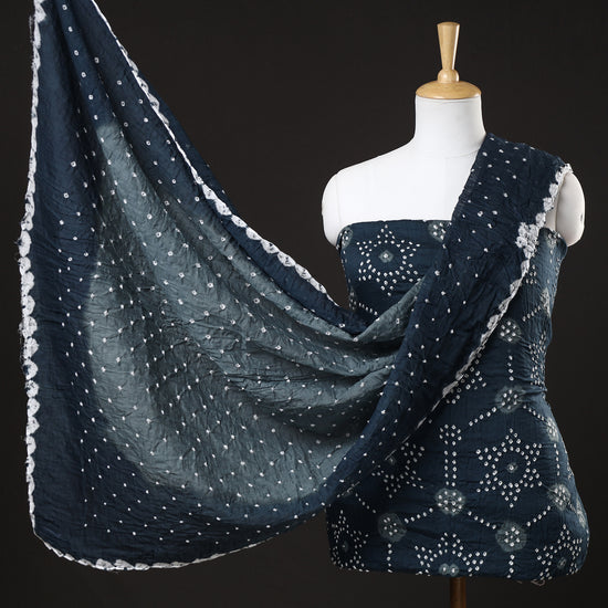 Blue - 3pc Kutch Bandhani Tie-Dye Satin Cotton Suit Material Set 153