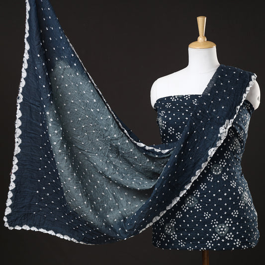 Blue - 3pc Kutch Bandhani Tie-Dye Satin Cotton Suit Material Set 155
