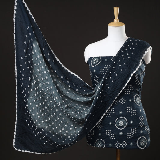 Blue - 3pc Kutch Bandhani Tie-Dye Satin Cotton Suit Material Set 156