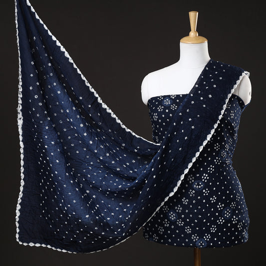Blue - 3pc Kutch Bandhani Tie-Dye Satin Cotton Suit Material Set 157