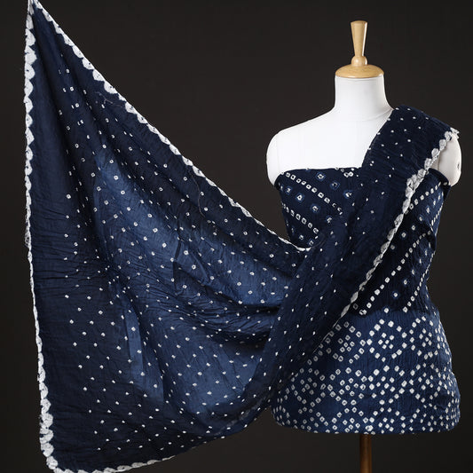 Blue - 3pc Kutch Bandhani Tie-Dye Satin Cotton Suit Material Set 158
