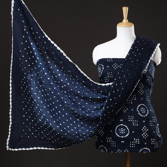 Blue - 3pc Kutch Bandhani Tie-Dye Satin Cotton Suit Material Set 159