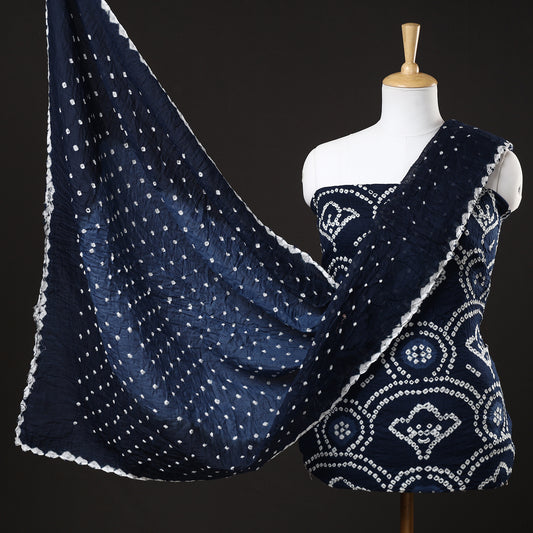 Blue - 3pc Kutch Bandhani Tie-Dye Satin Cotton Suit Material Set 161