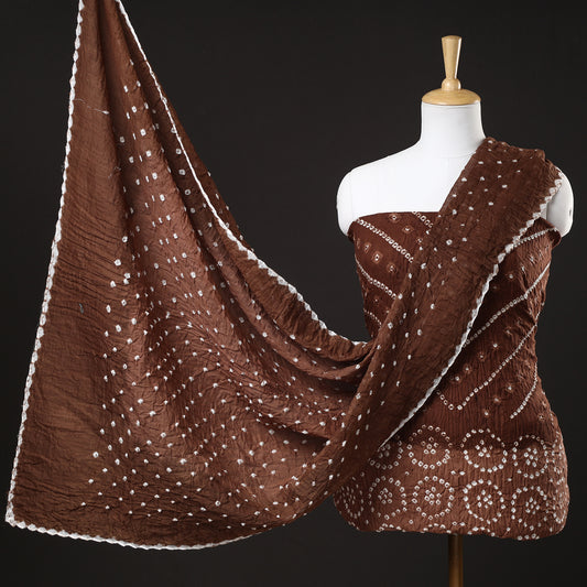 Brown - 3pc Kutch Bandhani Tie-Dye Satin Cotton Suit Material Set 162