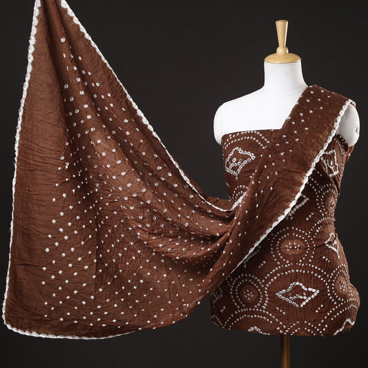 Brown - 3pc Kutch Bandhani Tie-Dye Satin Cotton Suit Material Set 163