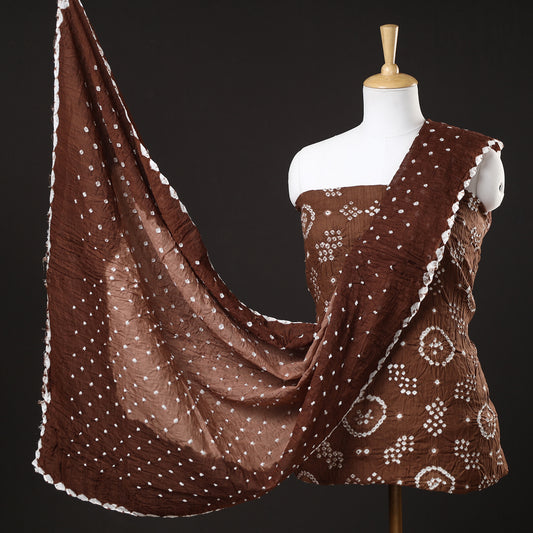 Brown - 3pc Kutch Bandhani Tie-Dye Satin Cotton Suit Material Set 164