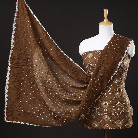 Brown - 3pc Kutch Bandhani Tie-Dye Satin Cotton Suit Material Set 165